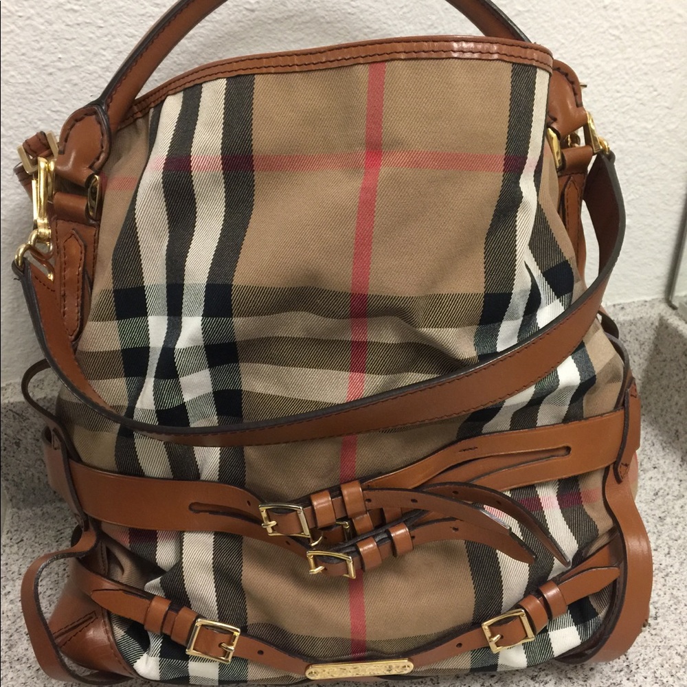 Burberry House Check Bridle Large Hobo Dark Tan